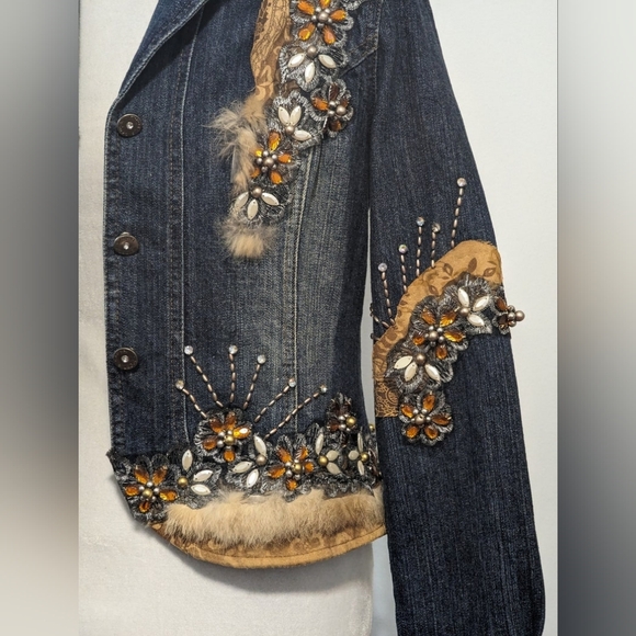 Embellished Denim Jacket by WEST 36th with Fox Fur Trim, Beaded Rhinestone - Picture 4 of 12
